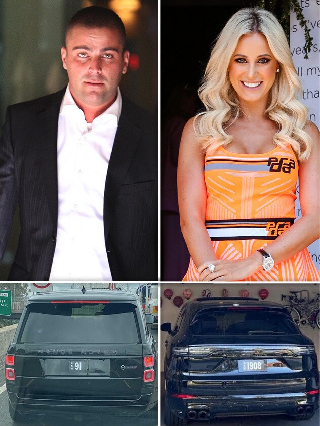 Alex Macris (left) and Roxy Jacenko, and their exxy number plates.