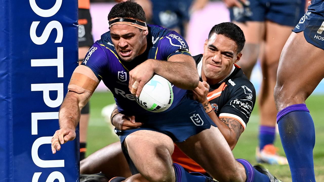 The Wests Tigers couldn’t stop Dale Finucane from scoring, and couldn’t convince him to join their club. Picture: Bradley Kanaris/Getty Images