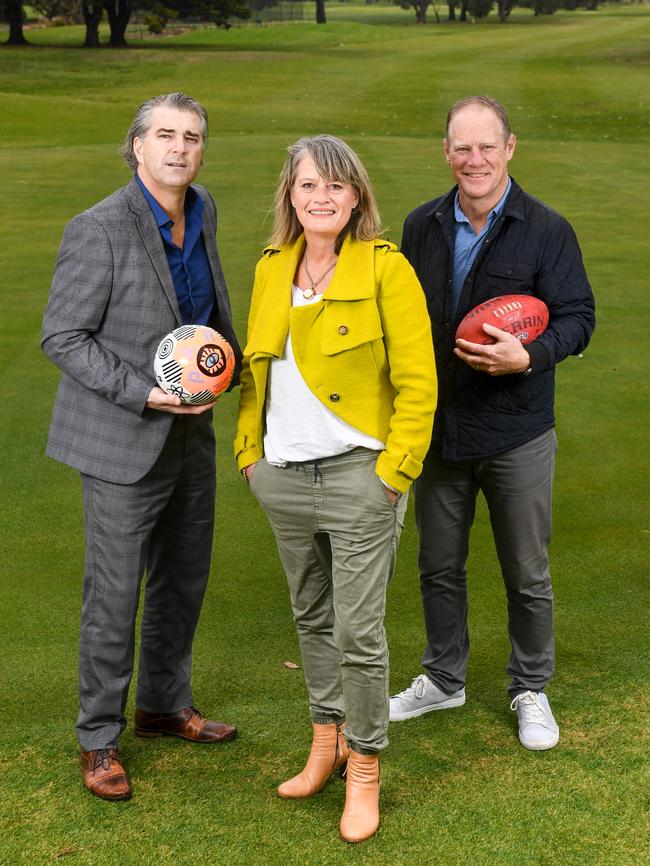 FFV President Kimon Taliadoros, Felicity Frederico and former St Kilda great Nathan Burke support the council plan to “reactivate” ovals 3 &amp; 4. Picture: Penny Stephens.