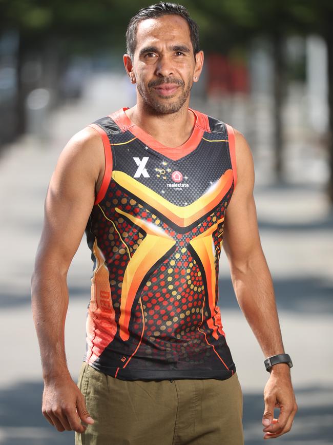 Eddie Betts wears the jumper Neville Jetta designed. Picture: Alex Coppel