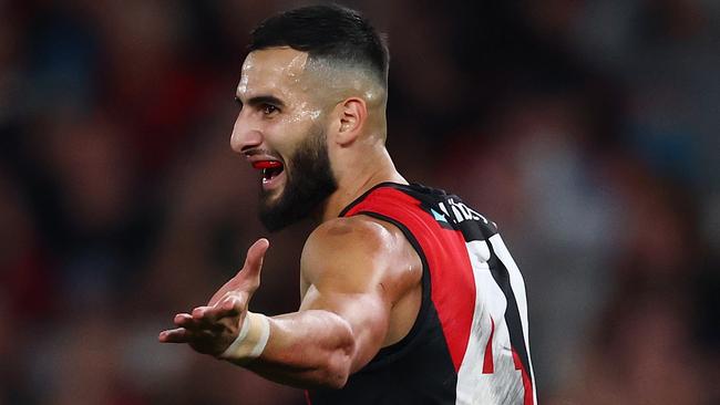MELBOURNE, AUSTRALIA - MAY 10: Saad El-Hawli of the Bombers celebrates a goal during the round nine AFL match between Essendon Bombers and Sydney Swans at Marvel Stadium, on May 10, 2025, in Melbourne, Australia. (Photo by Morgan Hancock/Getty Images)