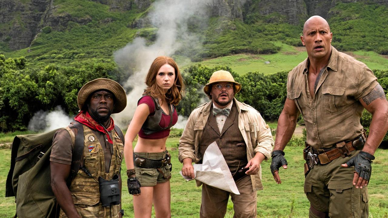 Kevin Hart, Karen Gillan, Jack Black and Dwayne Johnson in Jumanji: Welcome to the Jungle. Picture: Sony Pictures