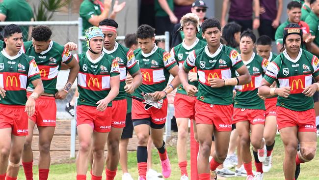 Wynnum Manly run onto the ground Connell Cup rugby league between Wynnum Manly and Burleigh Bears. Saturday February 24, 2024. Picture, John Gass