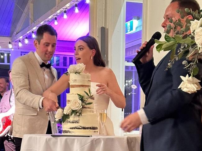 Mitchell Gaffney and Madeleine Edsell at their wedding ceremony with Alex Tigani before the tragedy unfolded. Picture: Instagram