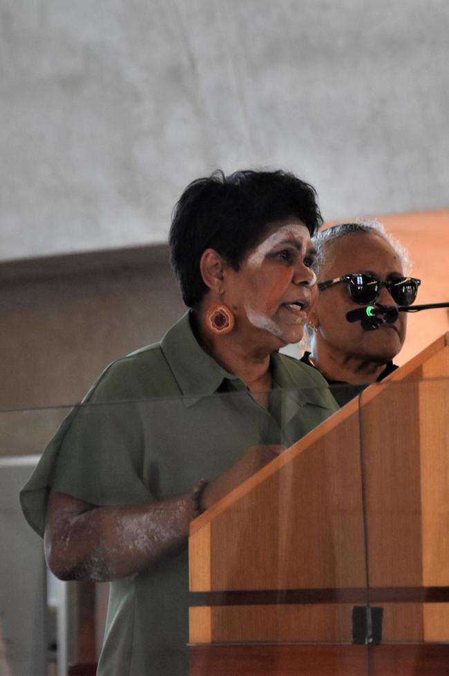 MP Marion Scrymgour spoke alongside Mr Costa’s wife Ebony at the state funeral of former Arafura MLA Lawrence Costa. Picture: Sierra Haigh