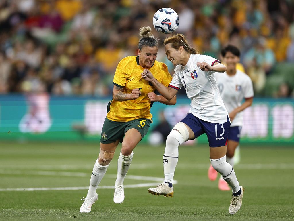 MELBOURNE, AUSTRALIA - DECEMBER 04: Chloe Logarzo of Australia and Chan Pi-Han of Chinese Taipei clash during the International Friendly match between Australia Matildas and Chinese Taipei at AAMI Park on December 04, 2024 in Melbourne, Australia. (Photo by Daniel Pockett/Getty Images)