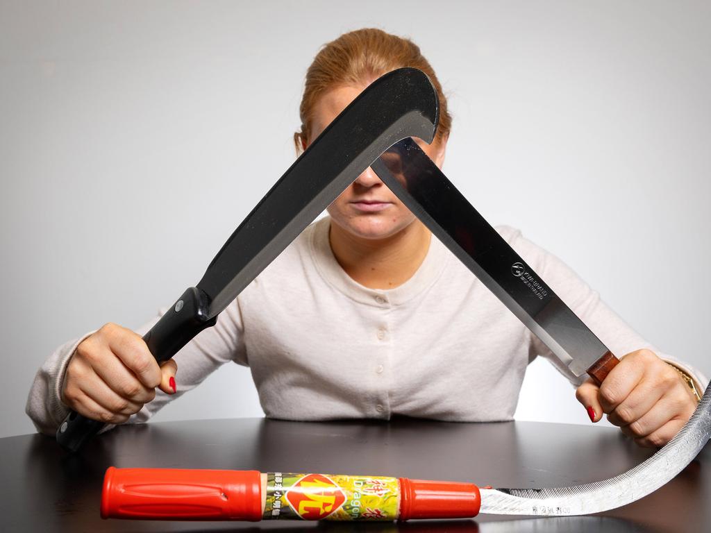 Large edged blades (machetes) were purchased by a Herald Sun journalist after Australia’s first-ever ban on machetes came into effect in Victoria. Picture: Mark Stewart