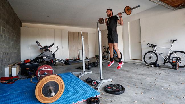 Melbourne ruckman Max Gawn works on his fitness at home in Rye. Picture: Getty Images