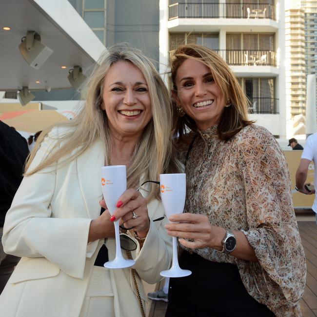Catriona Roberts and Kimberley Boudelot at the opening of Cali Beach Club, Surfers Paradise. Picture: Regina King