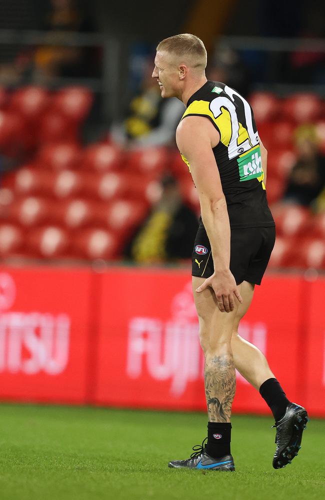 Josh Caddy pulled up lame during the Tigers’ clash with North Melbourne. Picture: Michael Klein