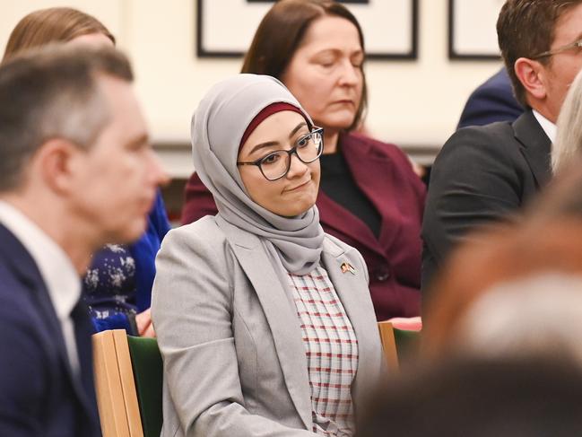 CANBERRA, Australia - NewsWire Photos - June 25, 2024: Senator Fatima Payman during Prime Minister Anthony Albanese address the labor Party Caucus at Parliament House in Canberra. Picture: NewsWire / Martin Ollman