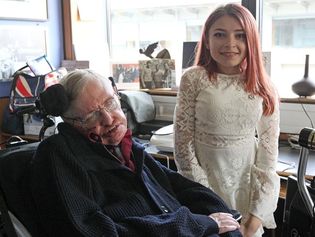 Rebecca Dann with Stephen Hawking. Picture: Harry Hubbard/Caters News