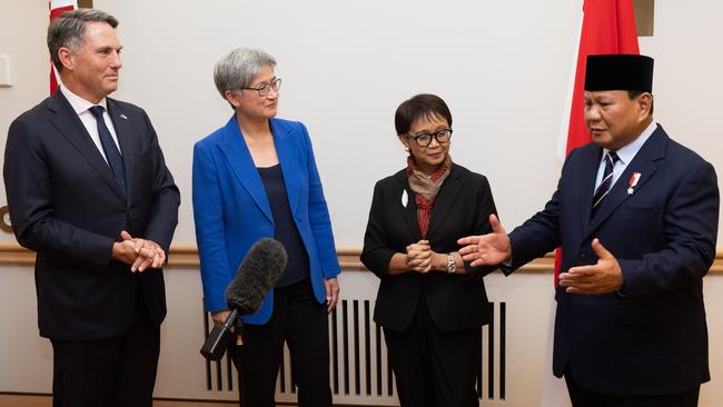 Defence Minister Richard Marles and Senator Penny Wong with Indonesian Foreign Minister Retno Marsudi and Defence Minister Prabowo Subiantoin in Parliament House in Canberra. Picture: NCA NewsWire/Gary Ramage