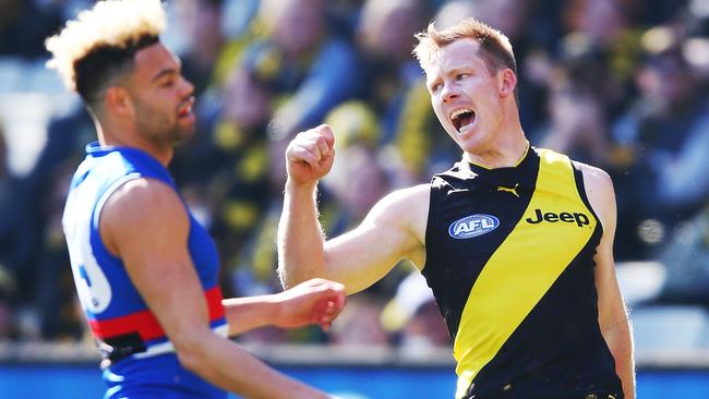 Jack Riewoldt celebrates one of his five goals. Picture: Getty Images