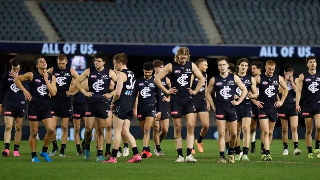 The Blues after Saturday’s loss to North Melbourne. Picture: Michael Willson/AFL Photos