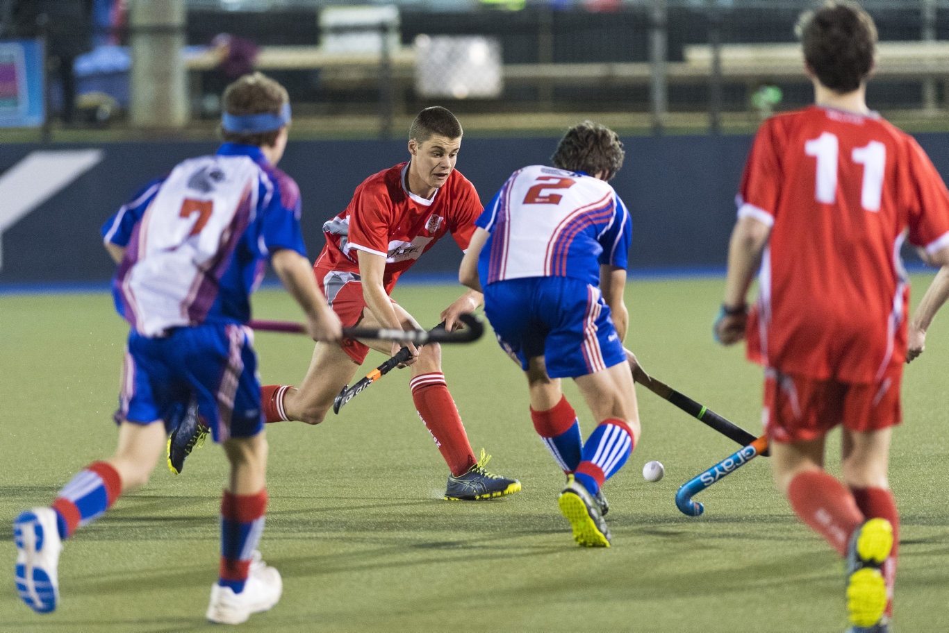 Red Lions player Elijah Mathewson looks to tackle Konrad Crowell of Rangeville in Toowoomba Hockey COVID Cup men round two at Clyde Park, Friday, July 17, 2020. Picture: Kevin Farmer