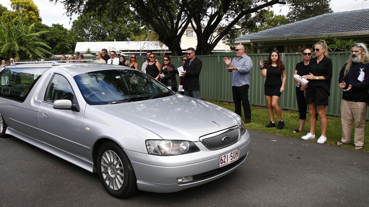 Friends and family attend the funeral of well-known Gold Coast man Ian Gal at Nerang Uniting Church on Thursday morning. Picture: Tertius Pickard