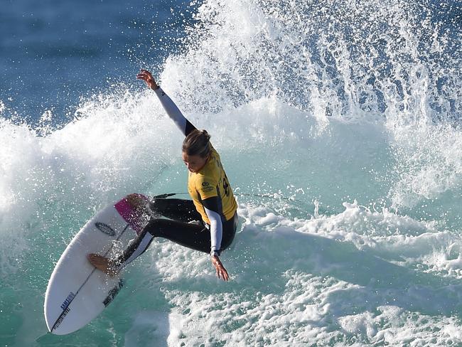 Sally Fitzgibbons strutting her stiff at Bells Beach earlier this year where she wore the No. 1 jersey on her back.