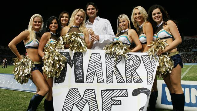 31 Aug 2007 Townsville, Qld, Australia - North Queensland Cowboys v Bulldogs (Dairy Farmers Stadium) - Wedding proposal, Michelle Proud and new fiancee Christian Ellul with fellow cheerleaders.