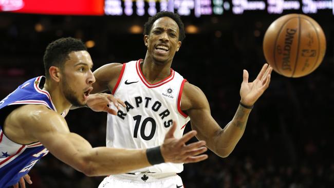 Philadelphia 76ers guard Ben Simmons will face the Toronto Raptors and guard DeMar DeRozan again on Sunday, two days after a 109-114 loss. (AP Photo/Laurence Kesterson)