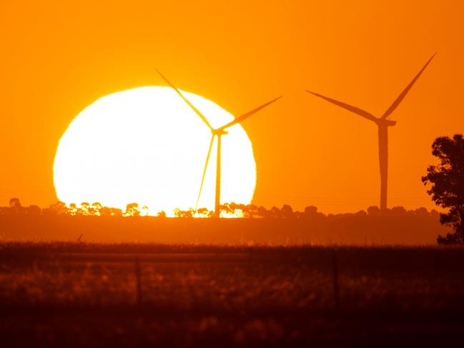 GLENMORE, FEBRUARY 17, 2023: The sun sets behind wind turbines near Glenmore. Picture: Mark Stewart