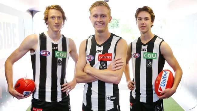 Collingwood's 2017 draftees (from L-R): Nathan Murphy, Jaidyn Stephenson and Tyler Brown. Picture: Michael Klein