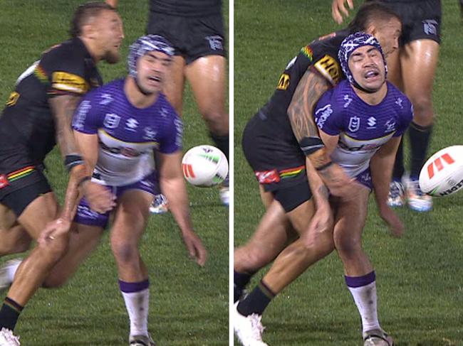 The penalty was awarded after Panthers enforcer James Fisher-Harris tackled Storm halfback Jahrome Hughes ever so slightly late