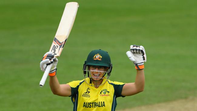 Australia batsman Nicole Bolton celebrates her century during the ICC Women's World Cup 2017 match between Australia and West Indies.