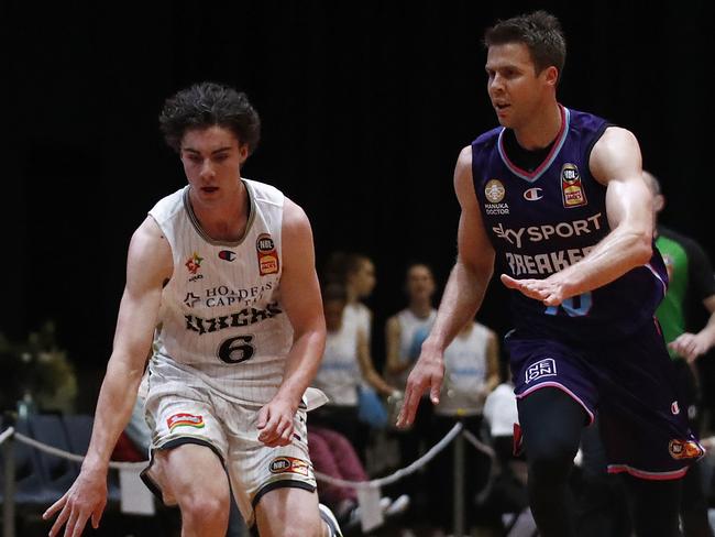 Adelaide star Josh Giddey slipped on an NBL sponsorship logo placed in the charge circle under the basket during the third quarter during Adelaide’s loss to the New Zealand Breakers. Photo: Daniel Pockett/Getty Images.