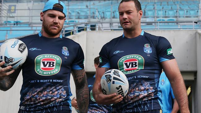 Josh Dugan and Boyd Cordner walk out for the NSW captain’s run training session.