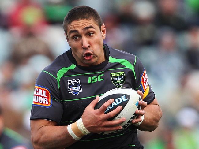 Tom Learoyd-Lahrs on the attack during Canberra Raiders v North Queensland Cowboys NRL game at Canberra Stadium, Bruce in Canberra.