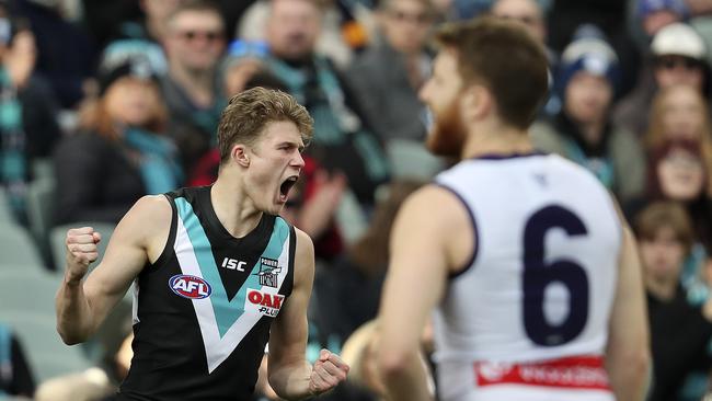 AFL - Port Adelaide v Fremantle at Adelaide Oval. Xavier Duursma celebrates his goal. Picture SARAH REED