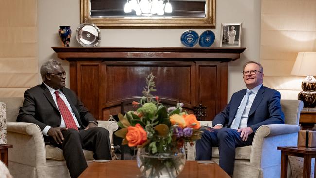 Anthony Albanese meets with Manasseh Sogavare at the Lodge in Canberra.