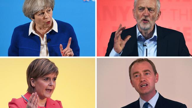 Clockwise from top left: Prime Minister Theresa May, Labour Party leader Jeremy Corbyn, Liberal Democrats leader Tim Farron, Scotland’s First Minister Nicola Sturgeon. Picture: AFP