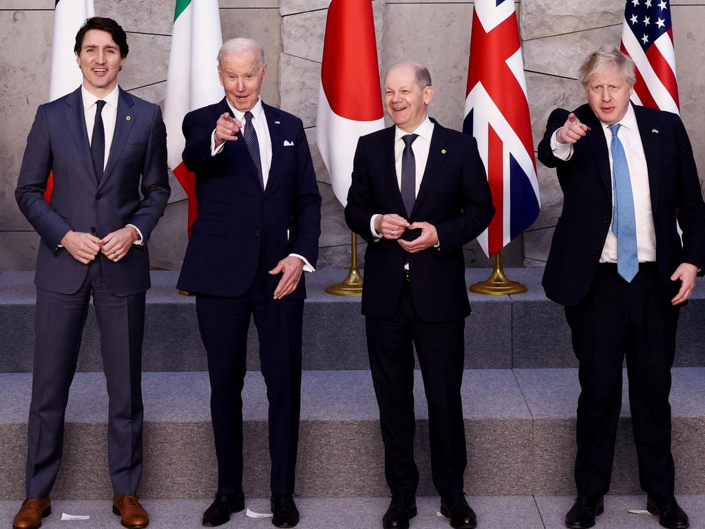 Western leaders Justin Trudeau, Joe Biden, Olaf Scholz and Boris Johnson. Picture: Henry Nicholls/Getty Images