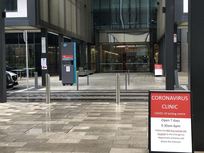 Coronavirus warning signs outside Northern Beaches Hospital.