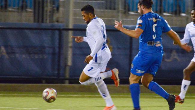 Shekubah Hutton-Addy dribbles the ball for Adelaide Blue Eagles against Adelaide Olympic during last season’s NPL SA finals series. Picture: AAP/Brenton Edwards