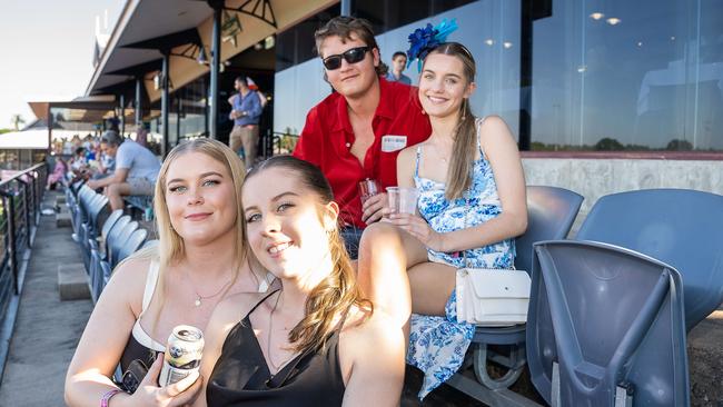 Cait Strecker, Elyse Cooper, William Brown and Isla Baker at the 2023 Darwin Cup Carnival Ladies Day. Picture: Pema Tamang Pakhrin