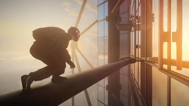 Agent 47 scaling the Burj Khalifa in Hitman 3.