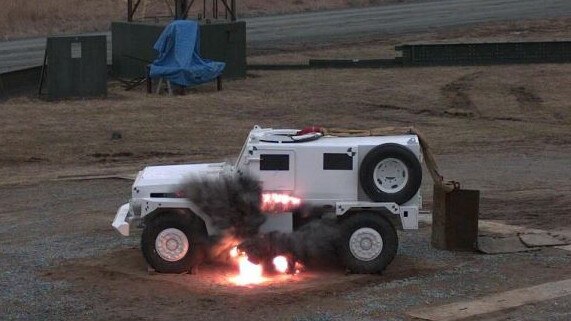 Protected Transport Systems prototype undergoing blast testing in 2010. Picture: SUPPLIED