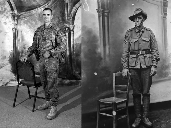 Left side photo: Josh Tschiderer from Townsville, Qld. Picture: Gary Ramage. The photograph on the right is an original taken in France during WW1 of an Aussie digger.