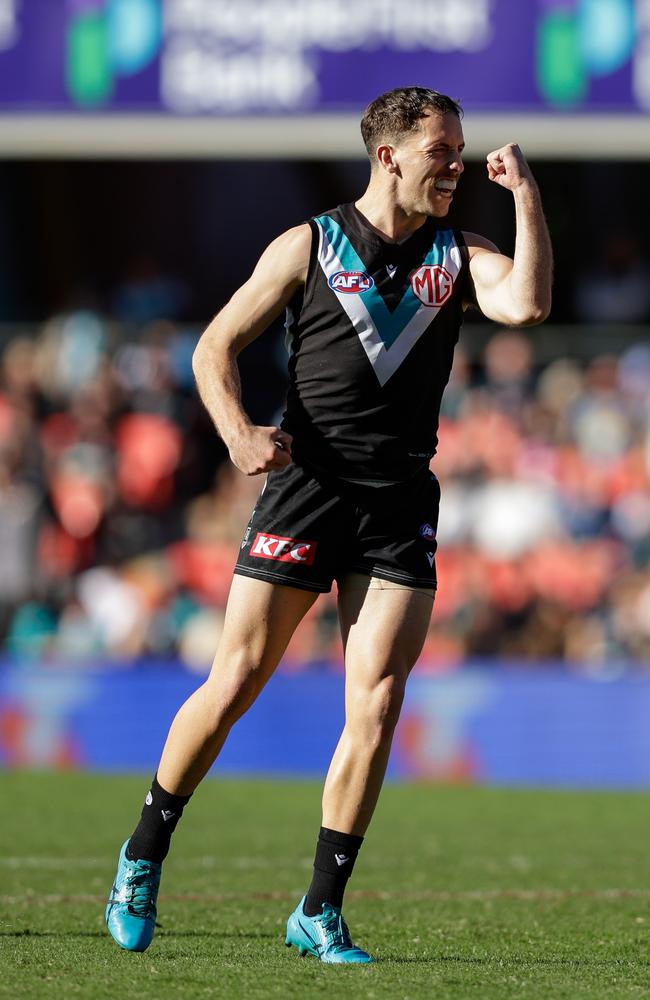 Francis Evans of the Power celebrates a goal on Sunday. Picture: Russell Freeman/AFL Photos via Getty Images.