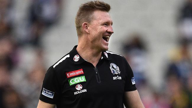 Nathan Buckley happy after Collingwood’s win.