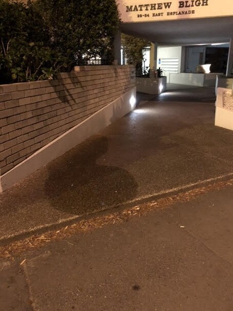 A photo taken by a resident of an apartment block on East Esplanade, Manly, showing where people, who had been drinking in the East Esplanade Reserve, urinated in their driveway. Picture: Supplied