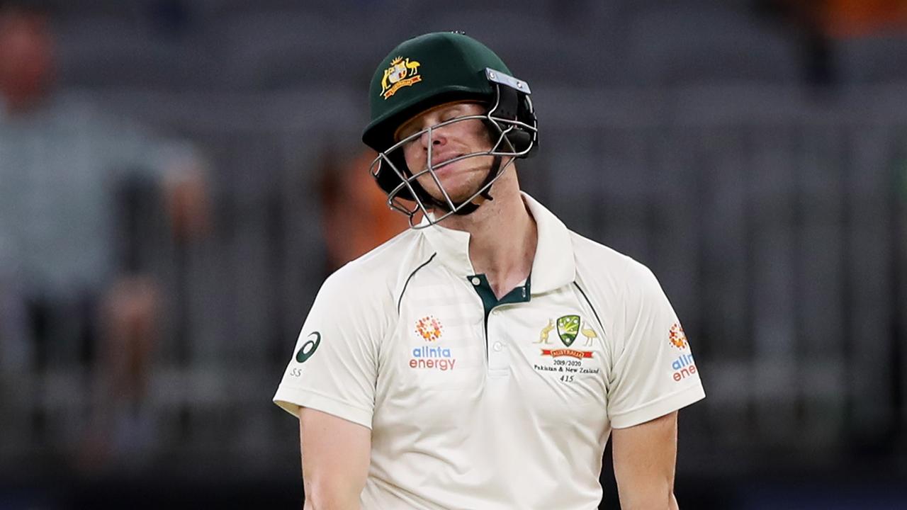 Steve Smith reacts after falling to the short ball trap again.