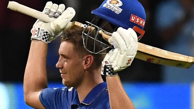 Mumbai Indians' Cameron Green celebrates after scoring a century (100 runs) and winning the Indian Premier League (IPL) Twenty20 cricket match between Mumbai Indians and Sunrisers Hyderabad at the Wankhede Stadium in Mumbai on May 21, 2023. (Photo by INDRANIL MUKHERJEE / AFP)