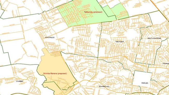 Map showing proposed boundaries for new suburbs Nirimba Marana and Tallawong.