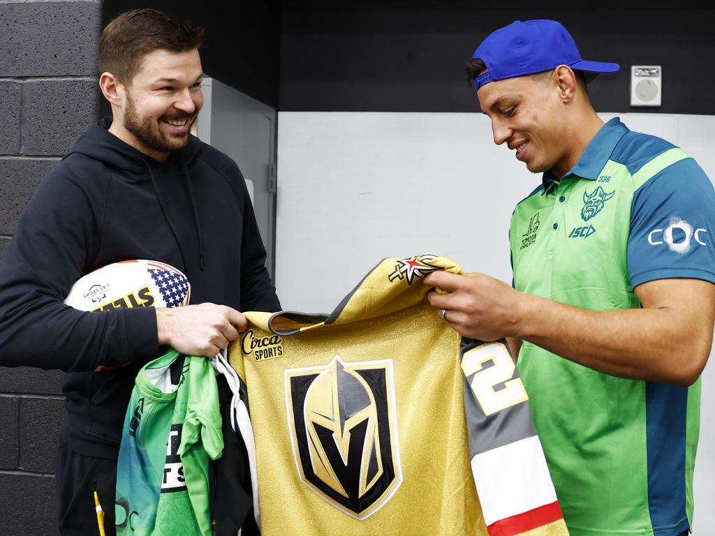 Joe Tapine trades jerseys with Las Vegas Golden Knights’ Tomas Hertl. Picture: Jonathan Ng