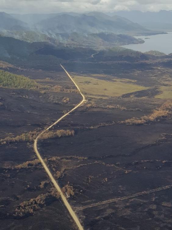 Aerial photo of Tasmania's south-west after being ravaged by this year’s bushfire. Picture: DAIN CAIRNS/PAR AVION