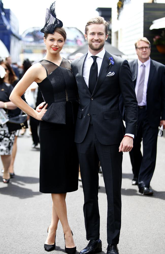 Ksenija Lukich and Dan Bragg in the Birdcage at Derby Day 2014. Picture: Bradley Hunter